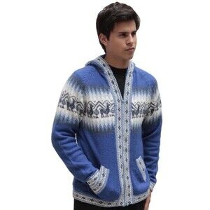 Alpaca Connection  blue hooded zip cardigan unisex Sz Large